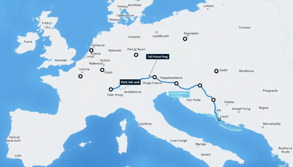 Carte des péages Paris Portugal montrant les principaux points de péage sur l'itinéraire