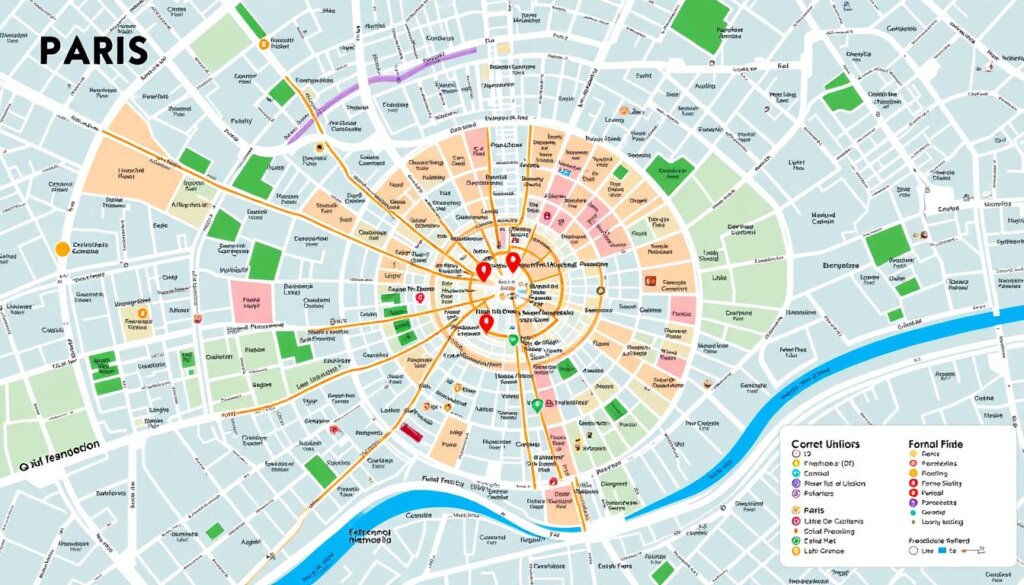 Carte des principaux quartiers touristiques de Paris avec codes couleur et points d'intérêt Carte des principaux quartiers touristiques de Paris avec codes couleur et points d'intérêt
