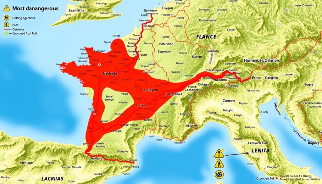 Carte des routes les plus dangereuses en France avec des points rouges indiquant les zones à haut risque