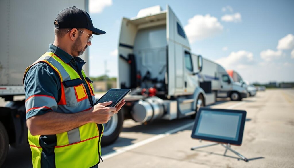 Chauffeur routier à côté d'un camion autonome, symbolisant la transition professionnelle
