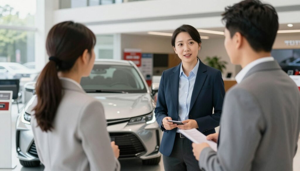 Client discutant avec un conseiller Toyota pour l'achat d'une Corolla BZ4X 2026