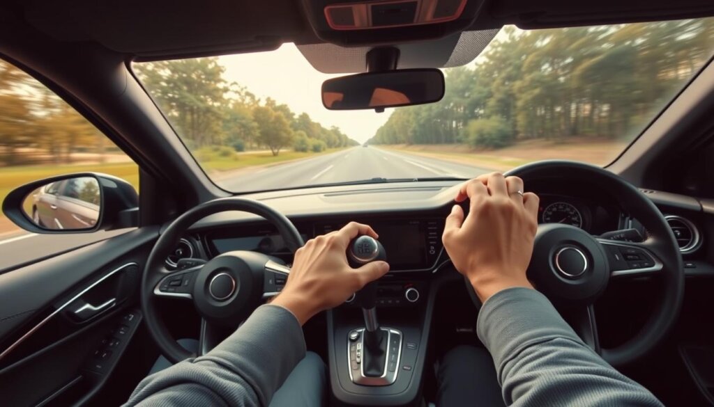 Conducteur engagé dans l'expérience de conduite avec transmission manuelle 2026, montrant la connexion entre l'homme et la machine