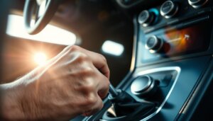 Conducteur manipulant un levier de vitesse manuelle dans une voiture sportive, illustrant la connexion entre le conducteur et la voiture avec transmission manuelle 2026