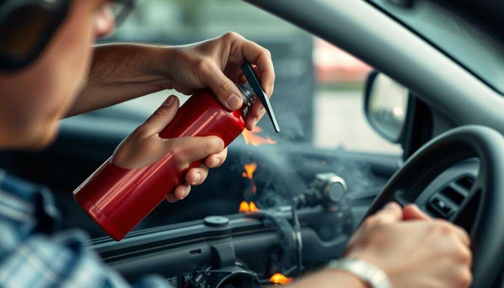 Conducteur utilisant un extincteur sur un début d'incendie de moteur, démontrant l'importance d'un extincteur voiture