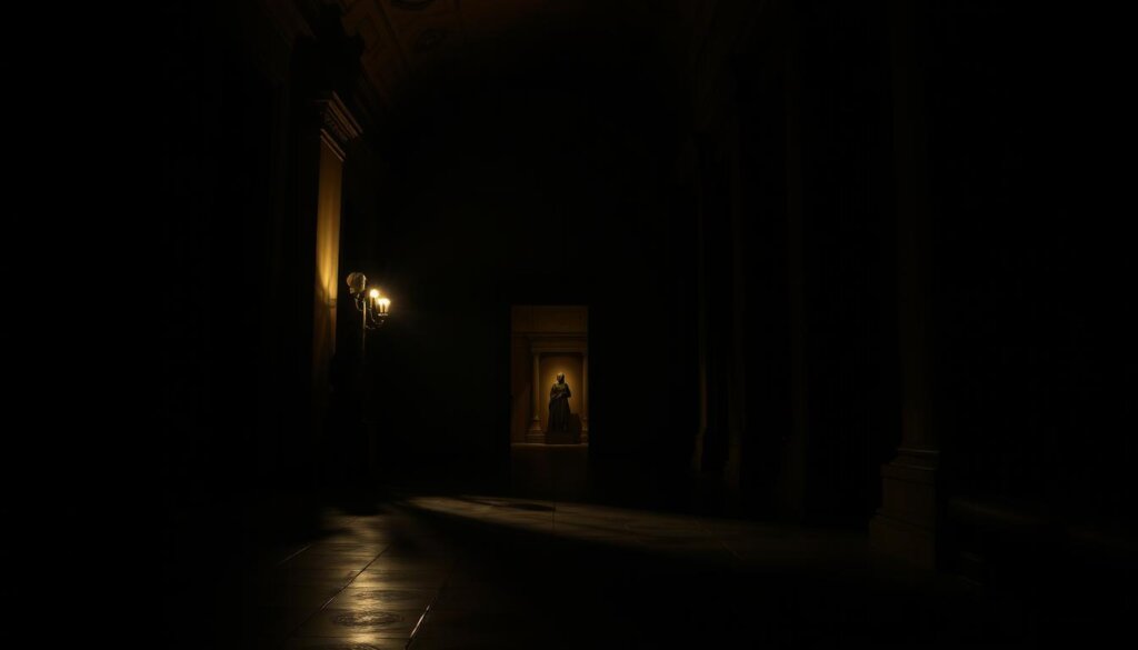Couloir sombre et mystérieux du Louvre la nuit
