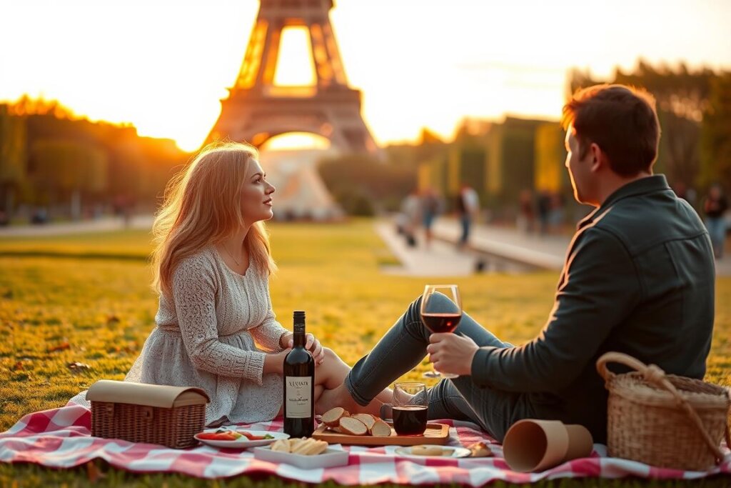 Couple faisant un pique-nique au Champ de Mars avec la Tour Eiffel en arrière-plan