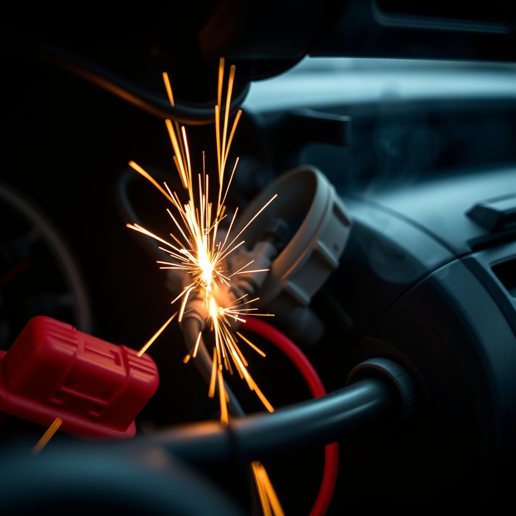 Court-circuit électrique dans un tableau de bord soulignant l'importance d'un extincteur voiture