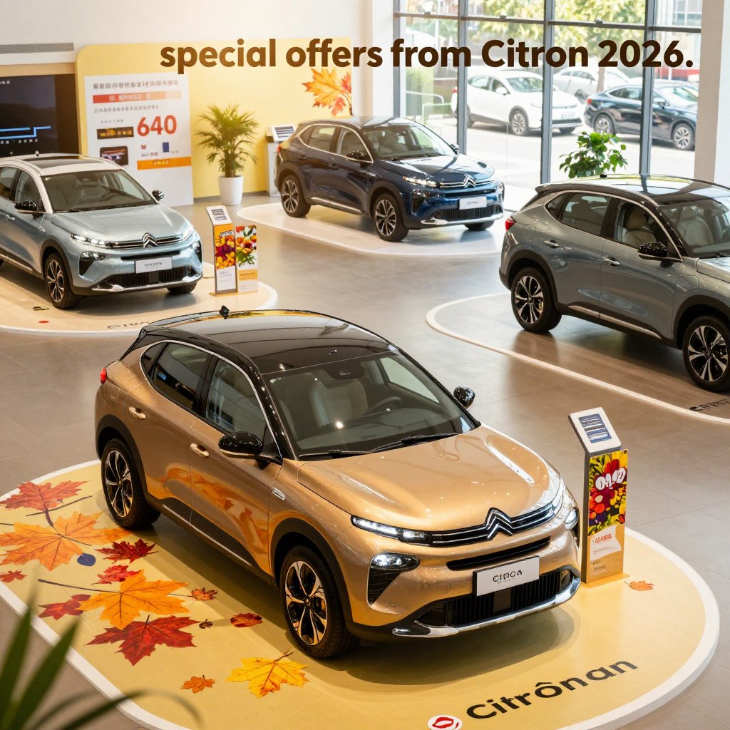 Create an eye-catching image representing "special offers from Citroën 2026." In the foreground, showcase a sleek, modern Citroën car, gleaming under bright, warm lighting that highlights its design. Surround the car with promotional materials featuring vibrant colors and images symbolizing seasonal discounts, such as autumn leaves or spring flowers. In the middle ground, depict a beautiful car showroom, elegantly arranged with various models, reflecting a welcoming ambiance. In the background, include large windows revealing a sunny outdoor scene, enhancing the inviting atmosphere. Use a high-angle perspective to capture the whole scene effectively, conveying a sense of excitement and opportunity in a professional yet captivating manner.