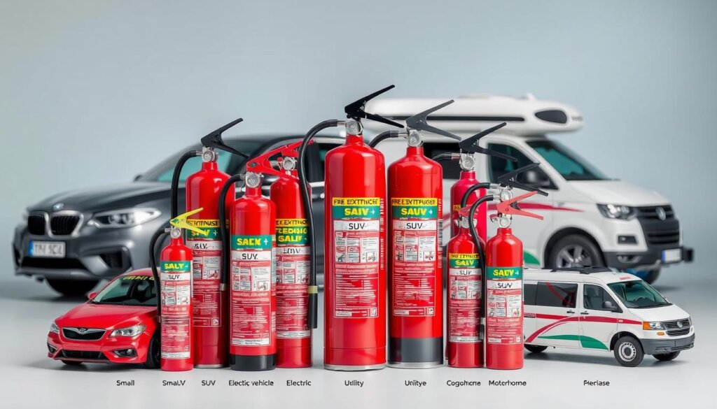 Différents modèles d'extincteurs adaptés à chaque type de véhicule, illustrant l'importance du choix d'un extincteur voiture approprié