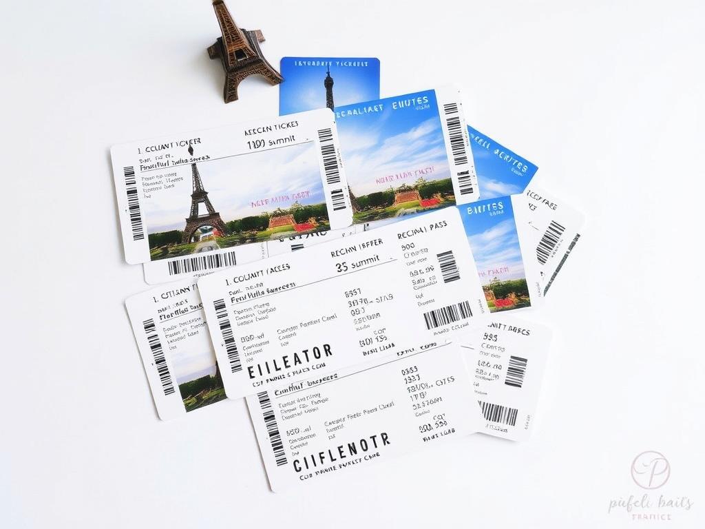 Diferentes tipos de ingressos para visitar a Torre Eiffel com opções de acesso.