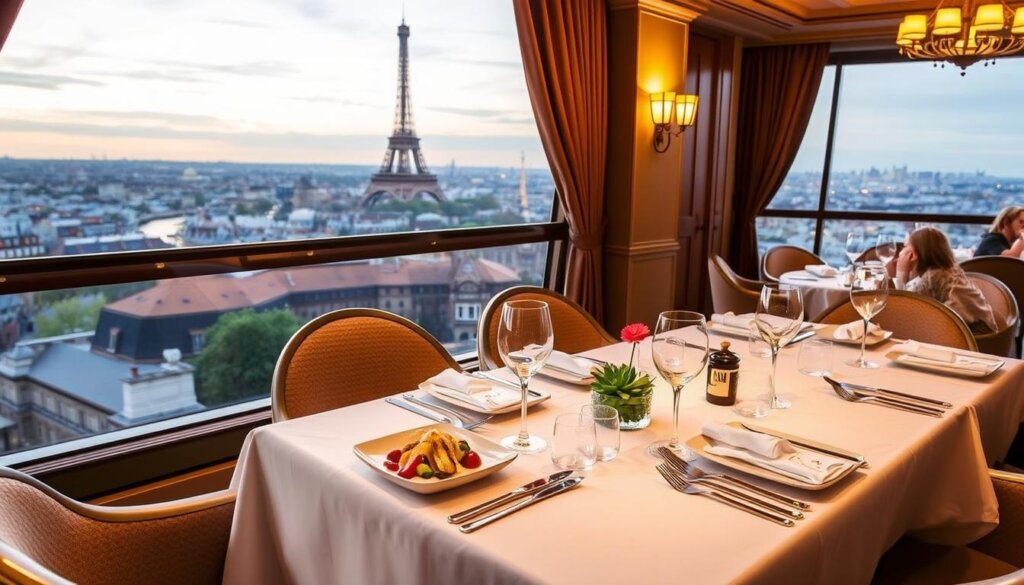 Jantar romântico no restaurante Jules Verne, na Torre Eiffel.