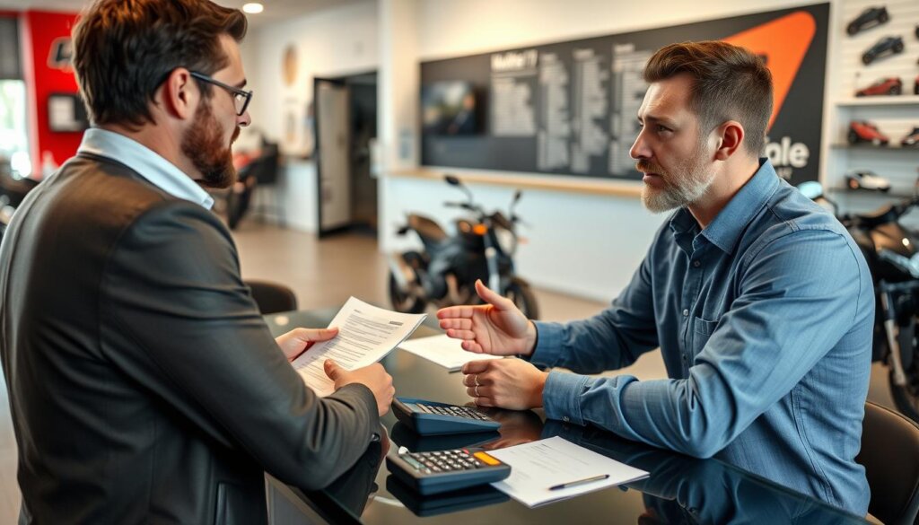 Discussion de financement dans un concessionnaire moto français