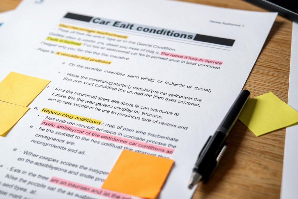 Document de conditions générales d'assurance auto avec des sections surlignées