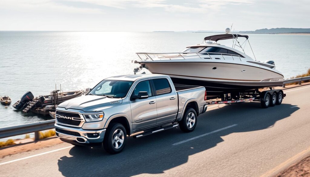 Dodge Ram 2026 transportant une charge lourde, démontrant sa capacité de remorquage