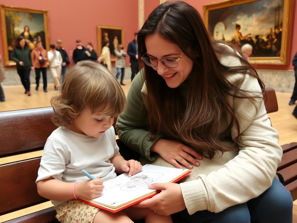 Enfant dessinant une œuvre du Louvre dans un carnet