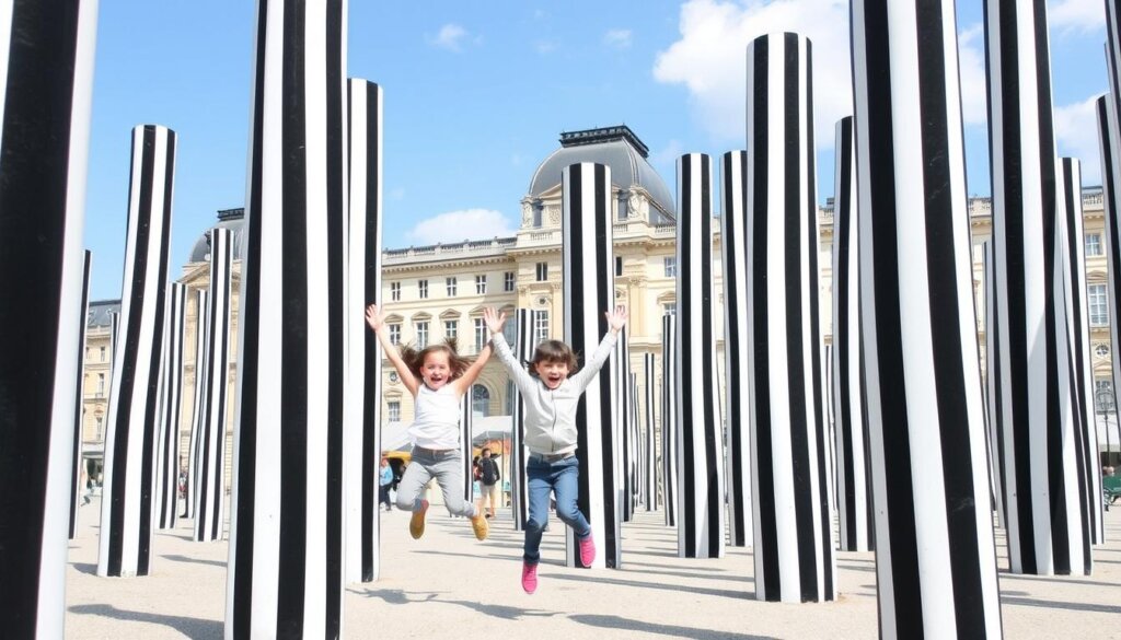 Enfants jouant avec les colonnes de Buren au Palais Royal près du Louvre