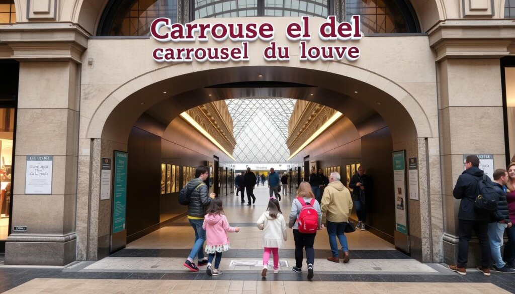 Entrée du Carrousel du Louvre avec signalétique pour les familles