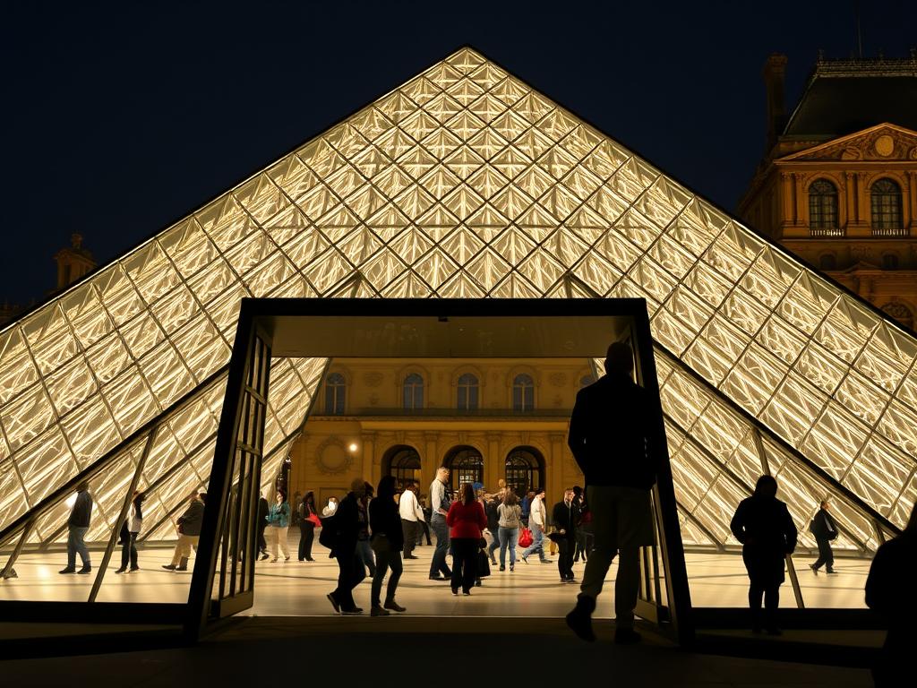 Entrée par la Pyramide du Louvre illuminée lors d'une visite nocturne