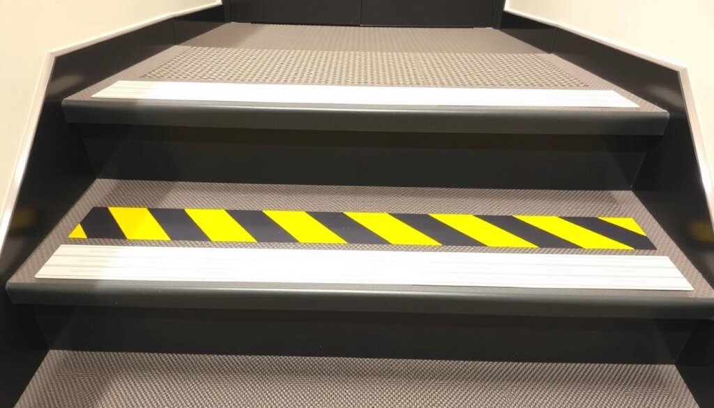 Escalier accessible avec mains courantes, nez de marches contrastés et bande d'éveil à la vigilance