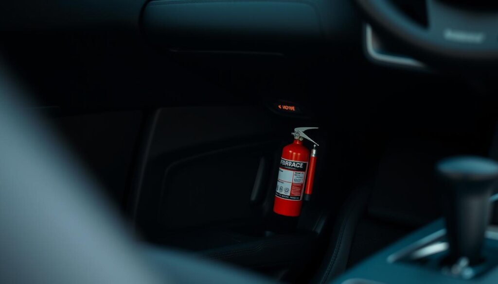 Extincteur voiture installé dans un véhicule moderne, soulignant l'importance de cet équipement de sécurité
