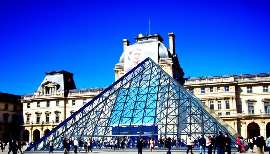 Façade du musée du Louvre avec la pyramide et une bannière d'exposition temporaire récente musée du Louvre