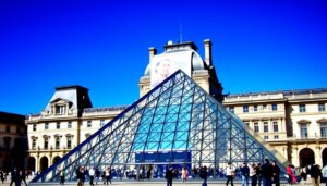 Façade du musée du Louvre avec la pyramide et une bannière d'exposition temporaire récente musée du Louvre
