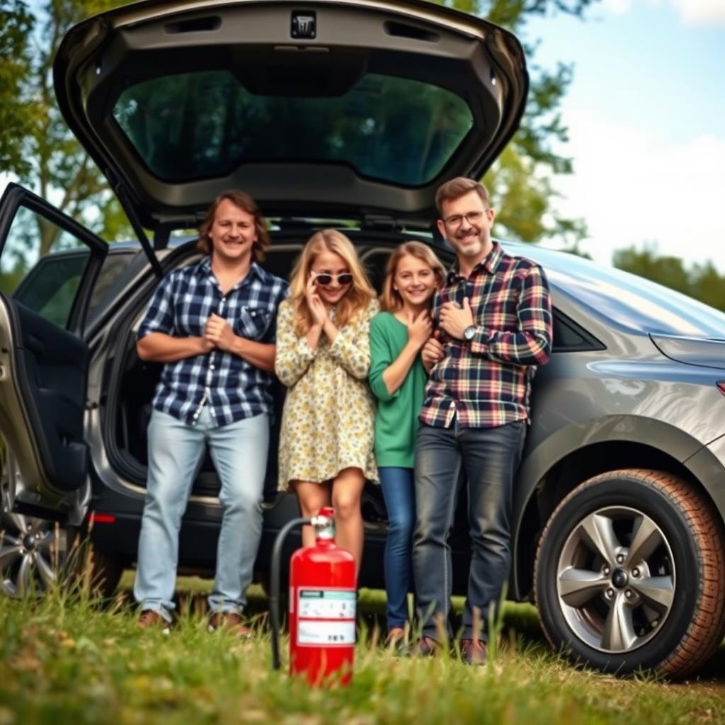 Famille dont la voiture a été sauvée par un extincteur, illustrant l'importance d'un extincteur voiture pour la sécurité familiale