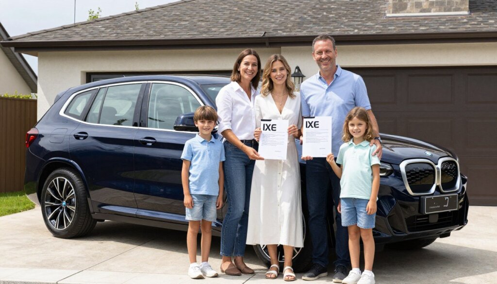 Famille française devant une BMW iX3 2026 avec un contrat de leasing social