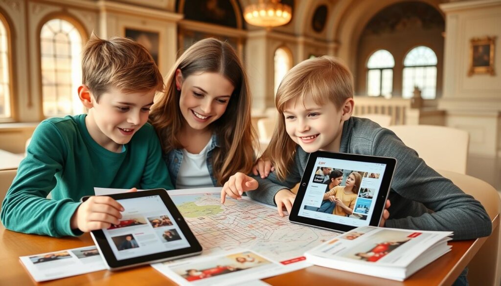 Famille planifiant leur visite au Musée du Louvre avec des enfants