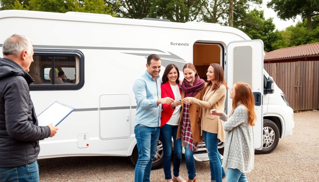 Une famille récupère un camping-car de location auprès d'un professionnel en France.