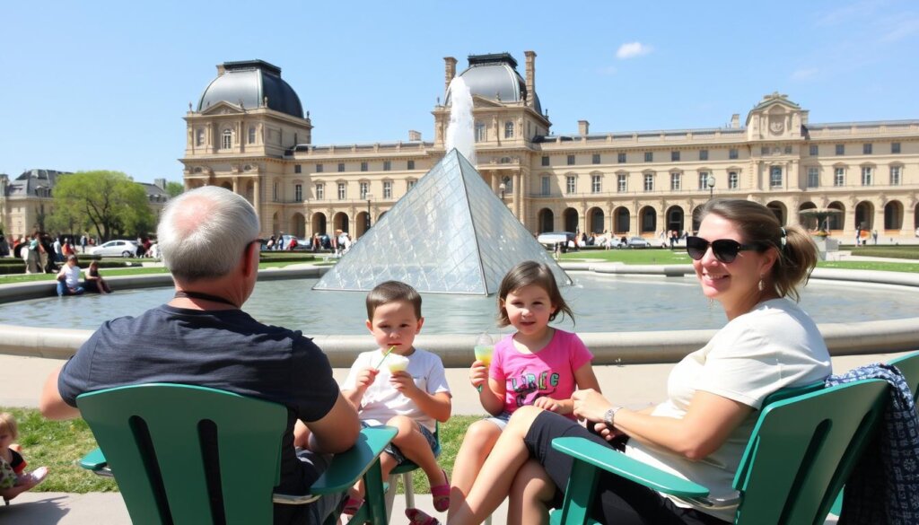 Famille se reposant dans le jardin des Tuileries après la visite du Louvre
