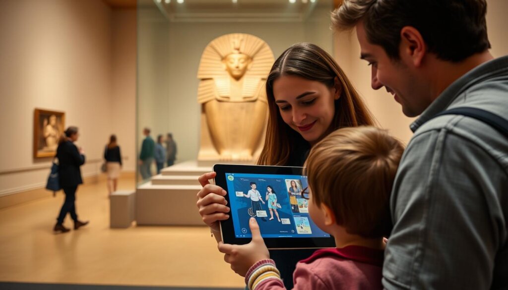 Famille utilisant l'application Petit Louvre devant une œuvre
