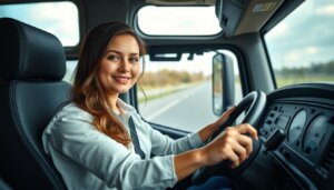 Femme conductrice de camion en Europe au volant d'un poids lourd
