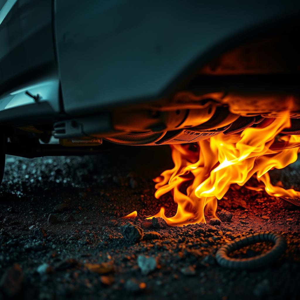 Fuite de carburant enflammée sous une voiture démontrant l'importance d'un extincteur voiture