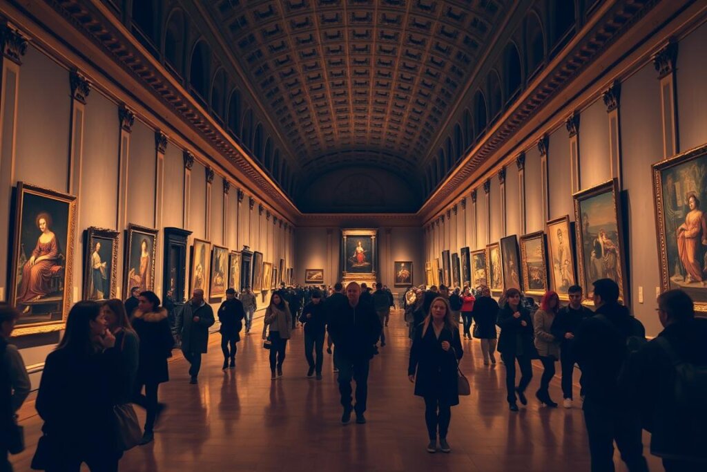 Galerie peu fréquentée du Louvre pendant une visite nocturne