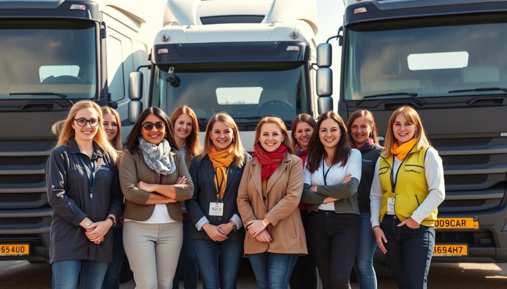 Groupe de femmes conductrices de camions en Europe lors d'un événement professionnel