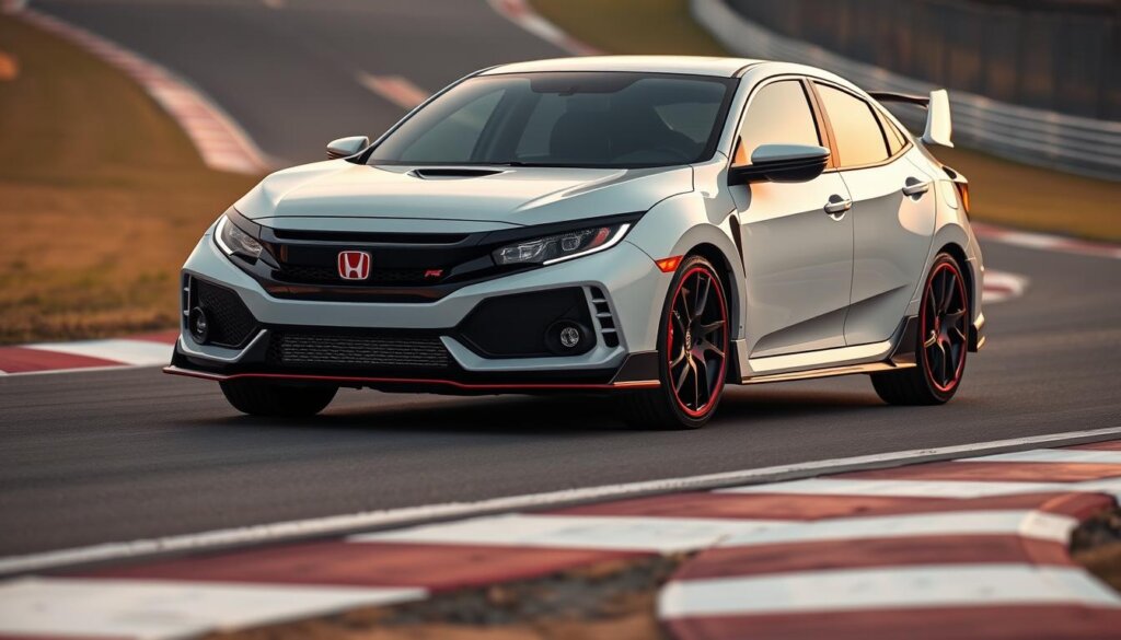 Honda Civic Type R 2026 rouge avec transmission manuelle sur circuit, montrant son design agressif et ses appendices aérodynamiques