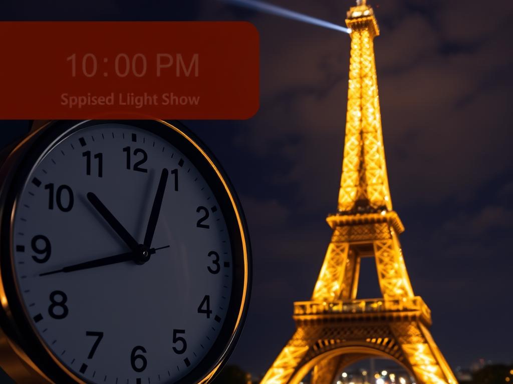 Horloge montrant l'heure du scintillement de la Tour Eiffel la nuit avec le monument illuminé en arrière-plan