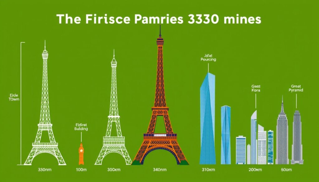 Illustration montrant la Tour Eiffel comparée à d'autres structures célèbres pour montrer sa hauteur relative Illustration montrant la Tour Eiffel comparée à d'autres structures célèbres pour montrer sa hauteur relative