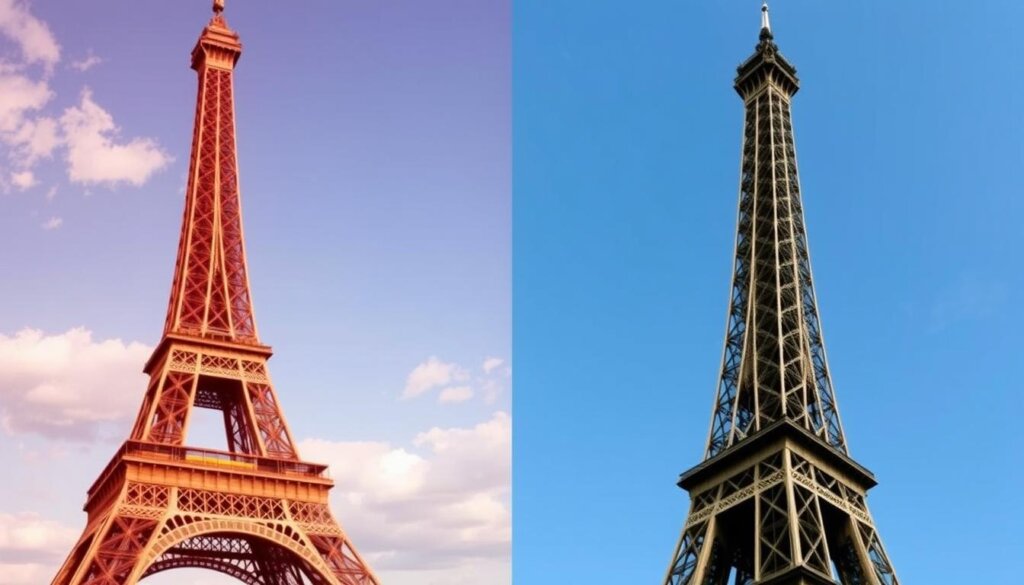 Illustration montrant les différentes couleurs qu'a portées la Tour Eiffel au fil des années Illustration montrant les différentes couleurs qu'a portées la Tour Eiffel au fil des années