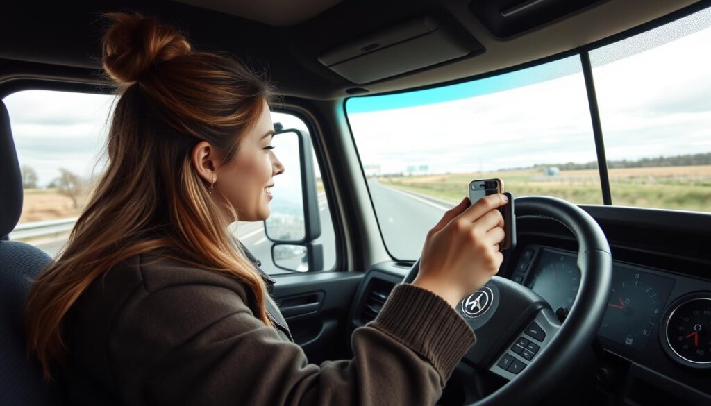 Influenceuse conductrice de camion partageant son quotidien sur les réseaux sociaux
