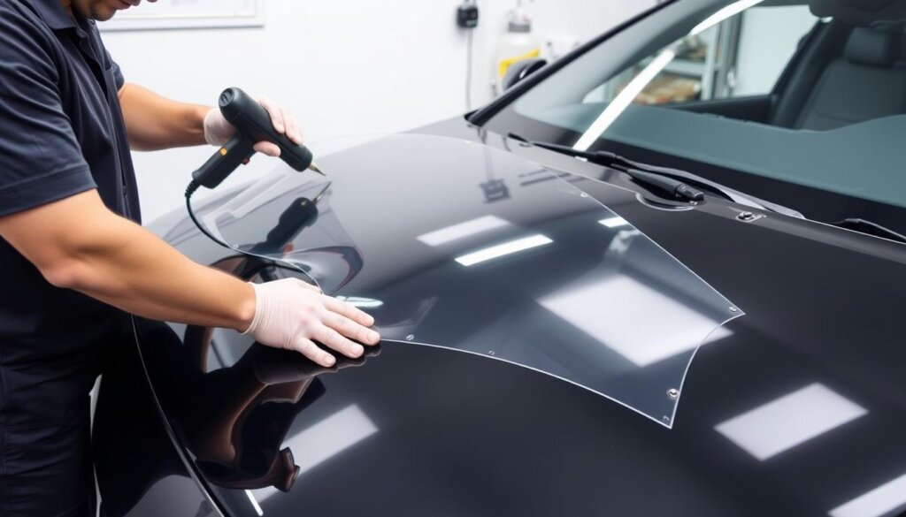 Installation d'un film PPF sur le capot d'une voiture pour protéger la peinture