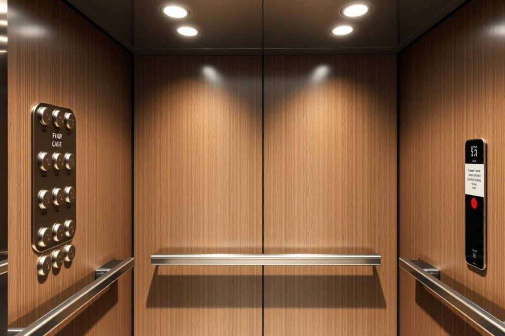 Intérieur d'un ascenseur moderne avec commandes accessibles et signalétique adaptée