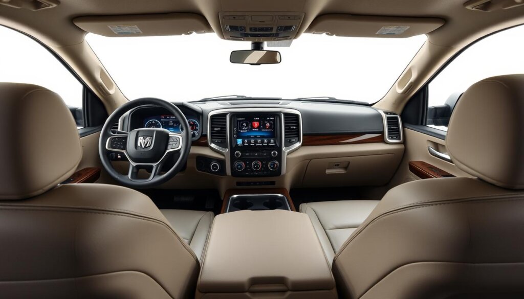 Intérieur luxueux du Dodge Ram 2026 montrant le tableau de bord et les écrans numériques