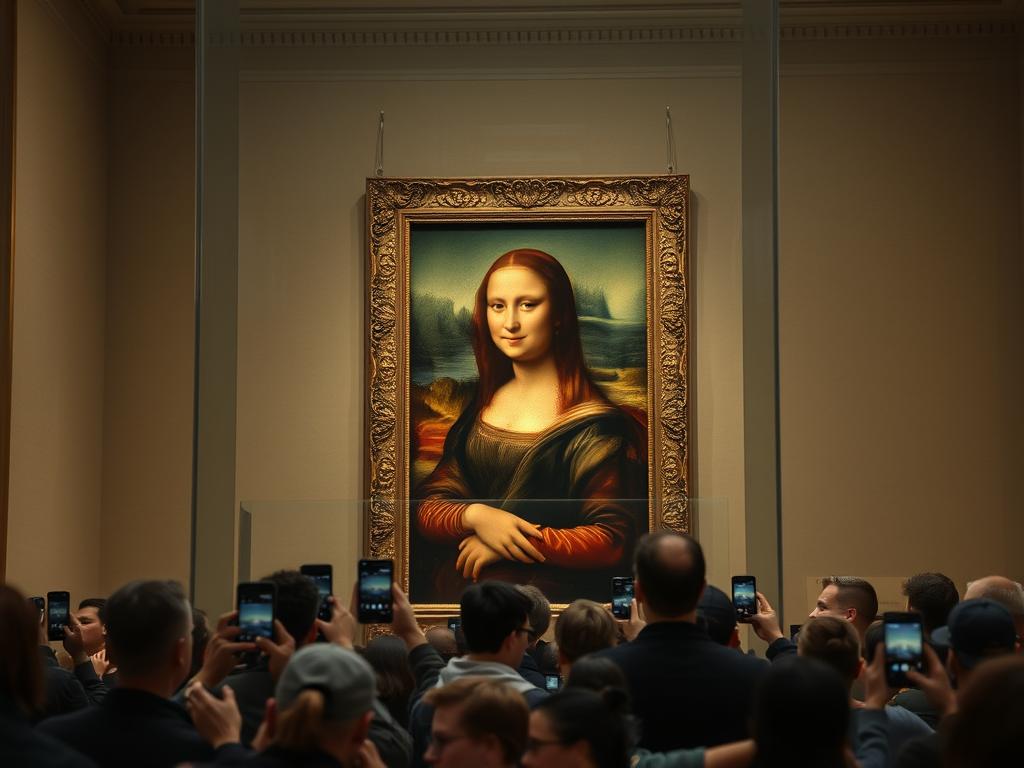 La Joconde exposée au musée du Louvre avec la foule de visiteurs qui l'observe