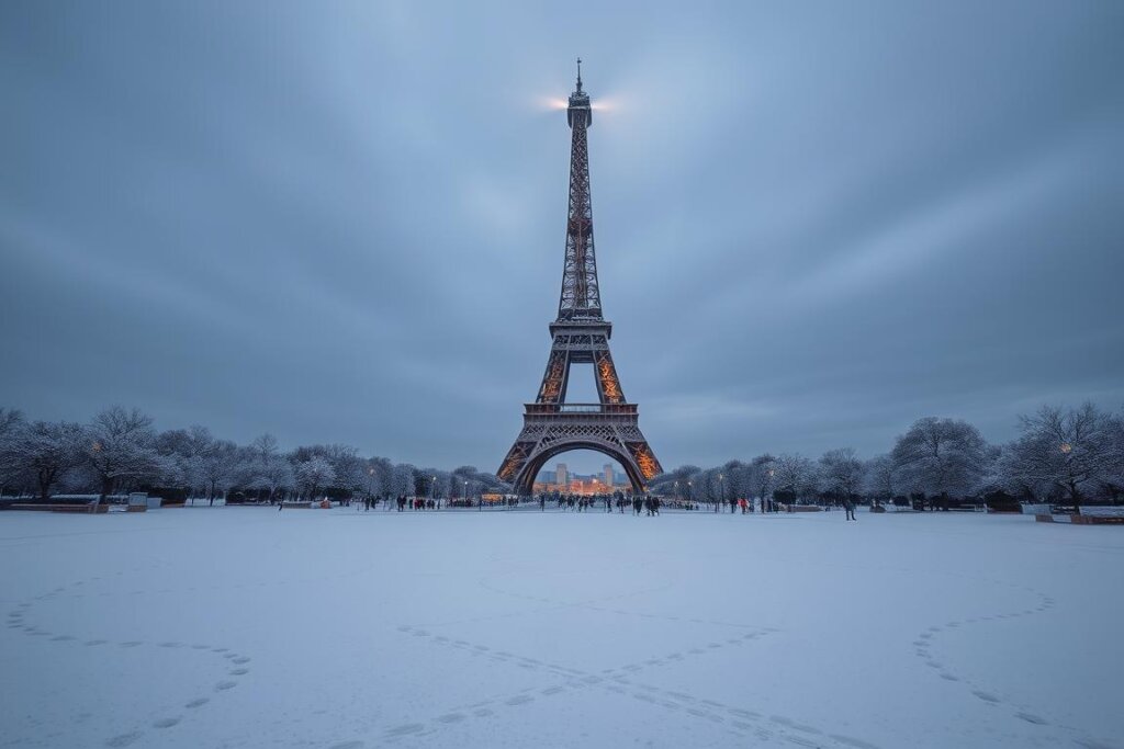 La Tour Eiffel en hiver sous la neige