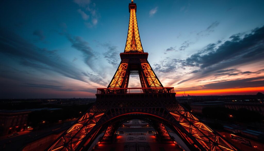 La Tour Eiffel illuminée au coucher du soleil, symbole emblématique de Paris
