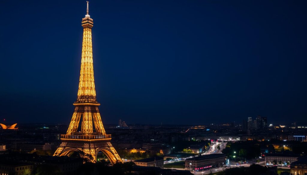 A Torre Eiffel iluminada à noite com seu espetáculo de luzes cintilantes.