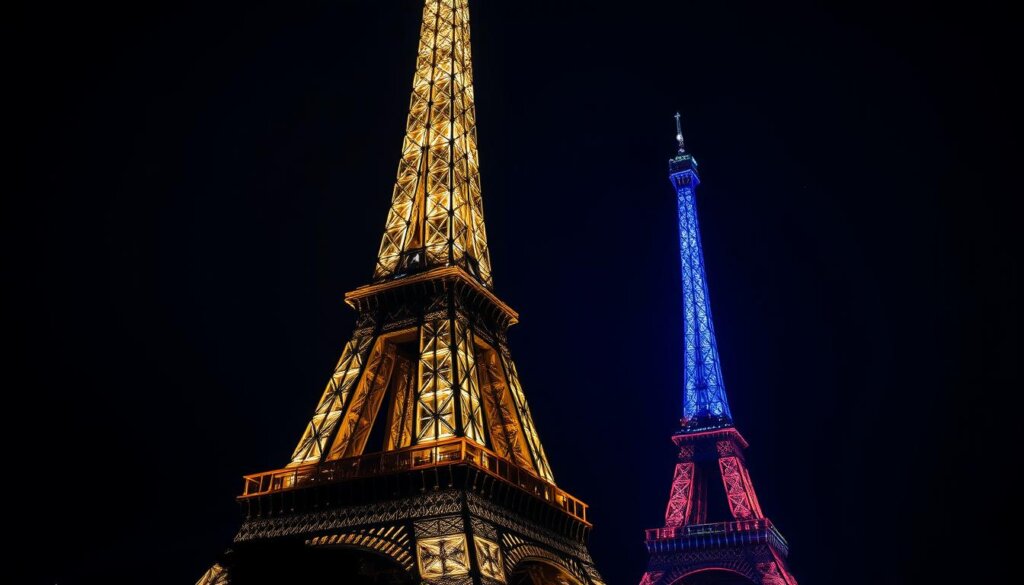 La Tour Eiffel illuminée lors d'un événement spécial avec jeu de lumières