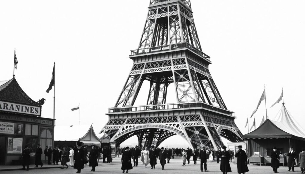 La Tour Eiffel lors de l'Exposition universelle de 1889, entourée de pavillons temporaires